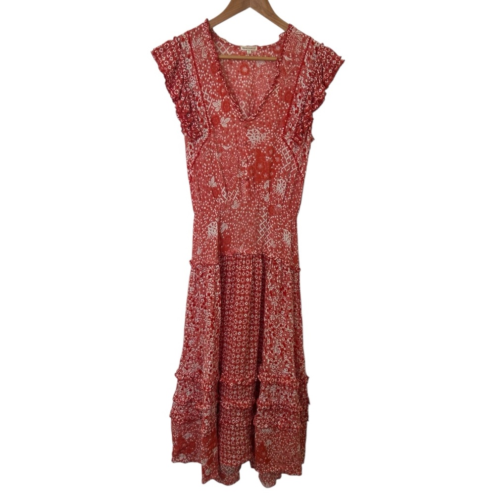 Poupette St Barth Red Floral Print Ruffle Midi Dress Size XS